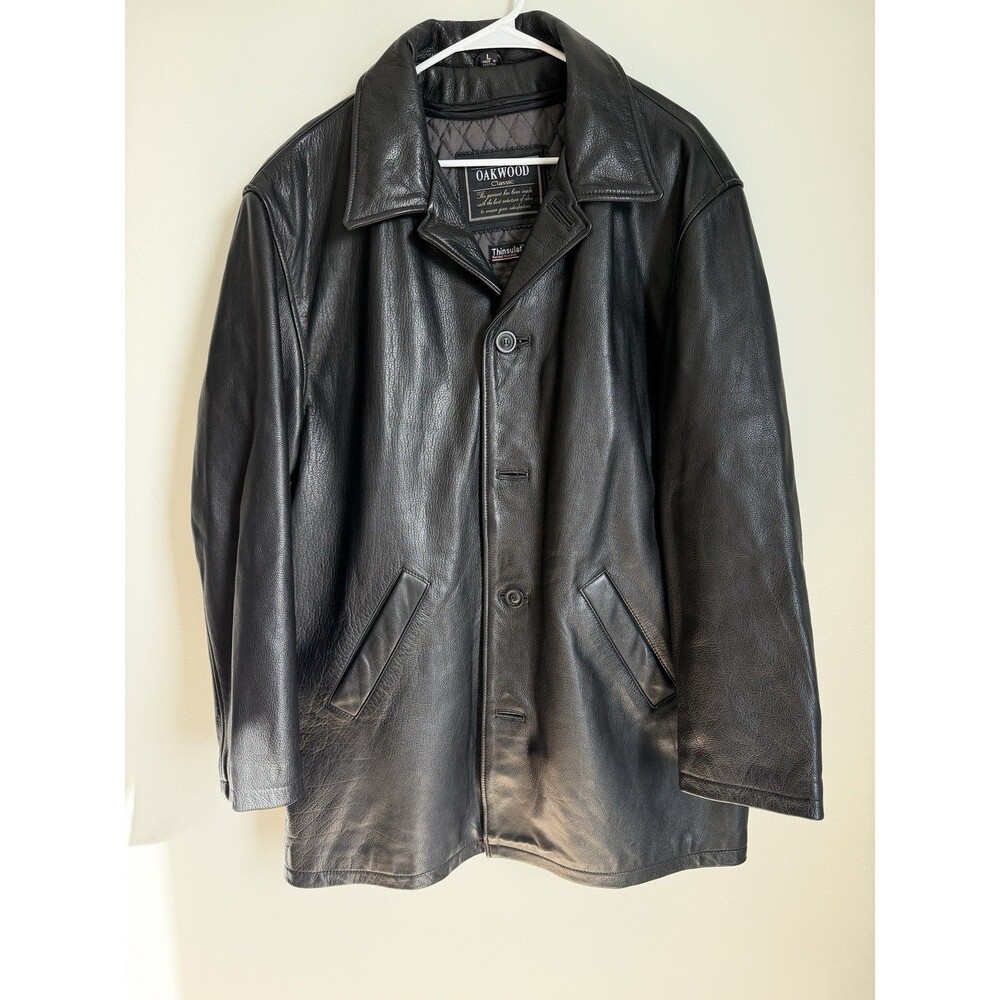 Men’s Black Leather Coat-Thinsulate Zip Out Lining-Large-Buttons-Oakwood Brand